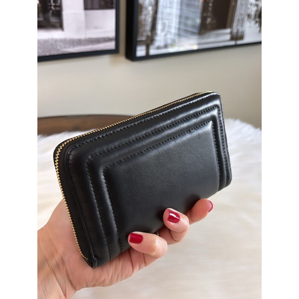Coach Black Leather Quilted Zip-Around Wallet with Gold Logo - Picture 3 of 5